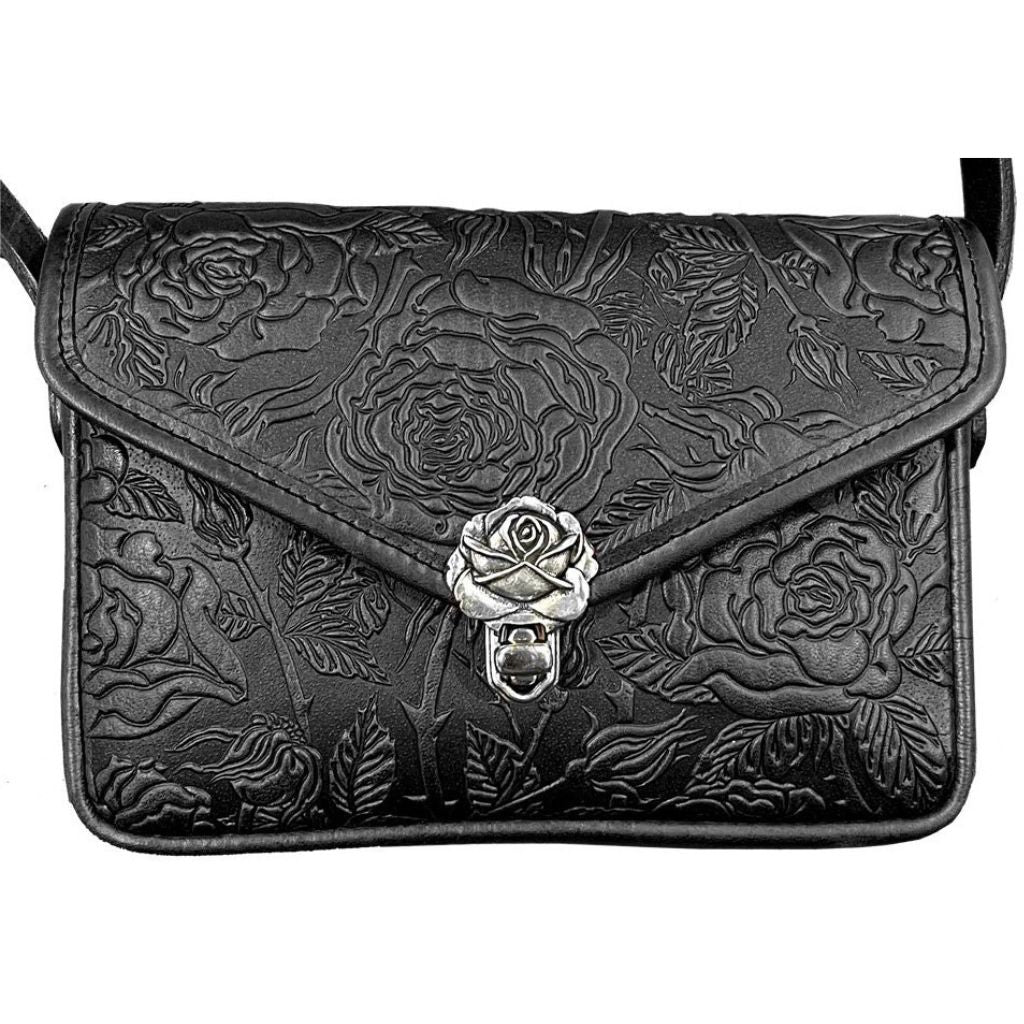 Floral Embossed Leather Shoulder Bag in Black from Mexico - Flower Carrier  in Black