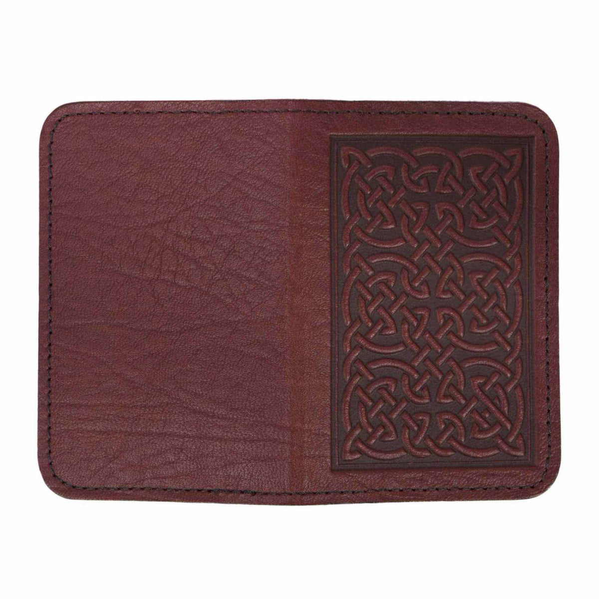 Leather Card Holder, Mini Wallet, Bold Celtic in Wine, open view