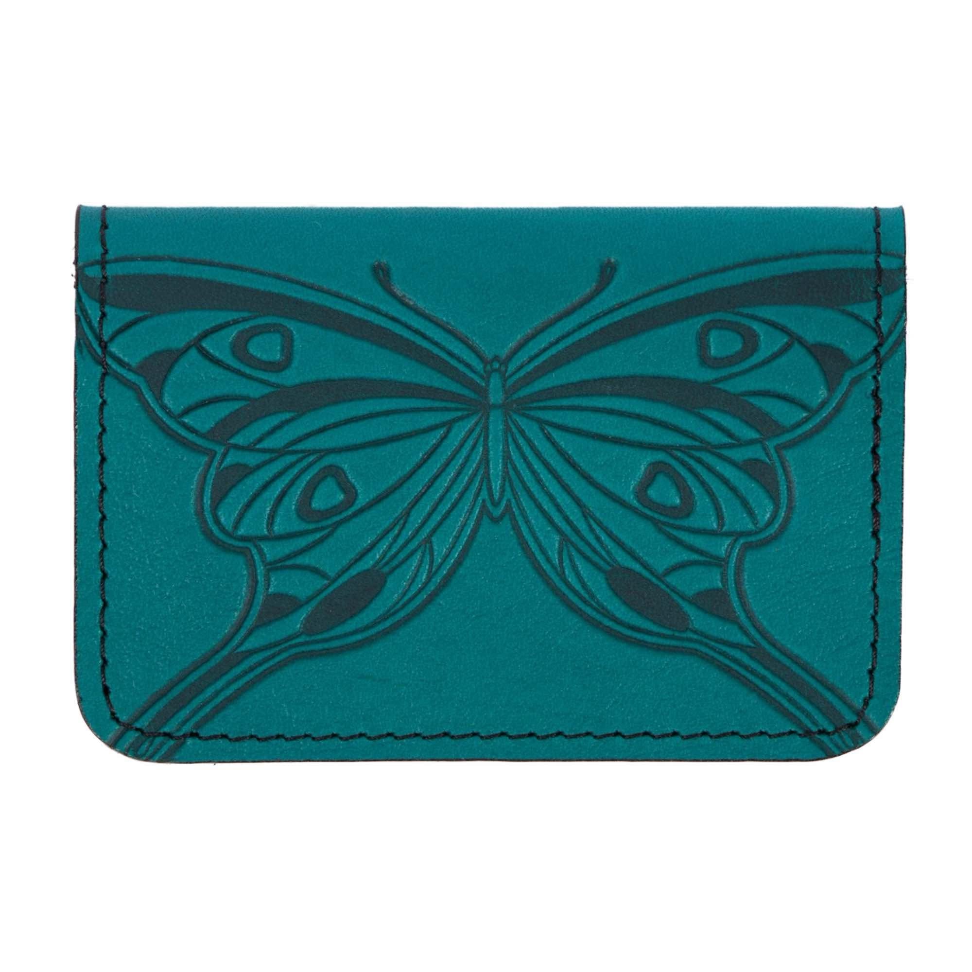 Leather Card Holder, Mini Wallet, Butterfly in Teal