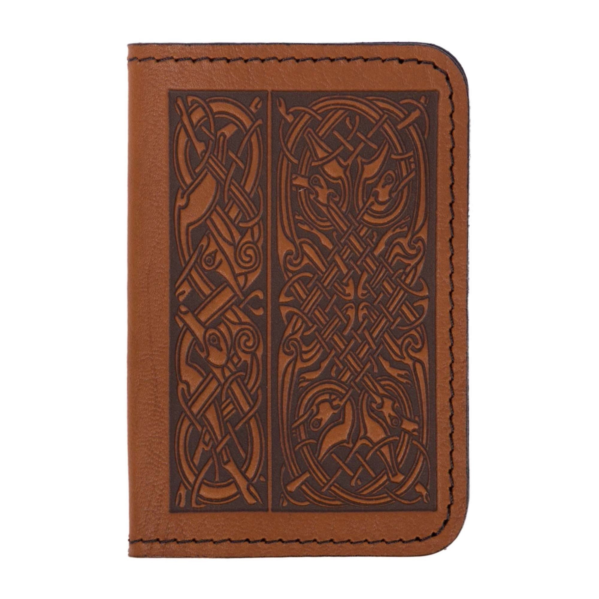 Leather Card Holder, Mini Wallet, Celtic Hounds in Green