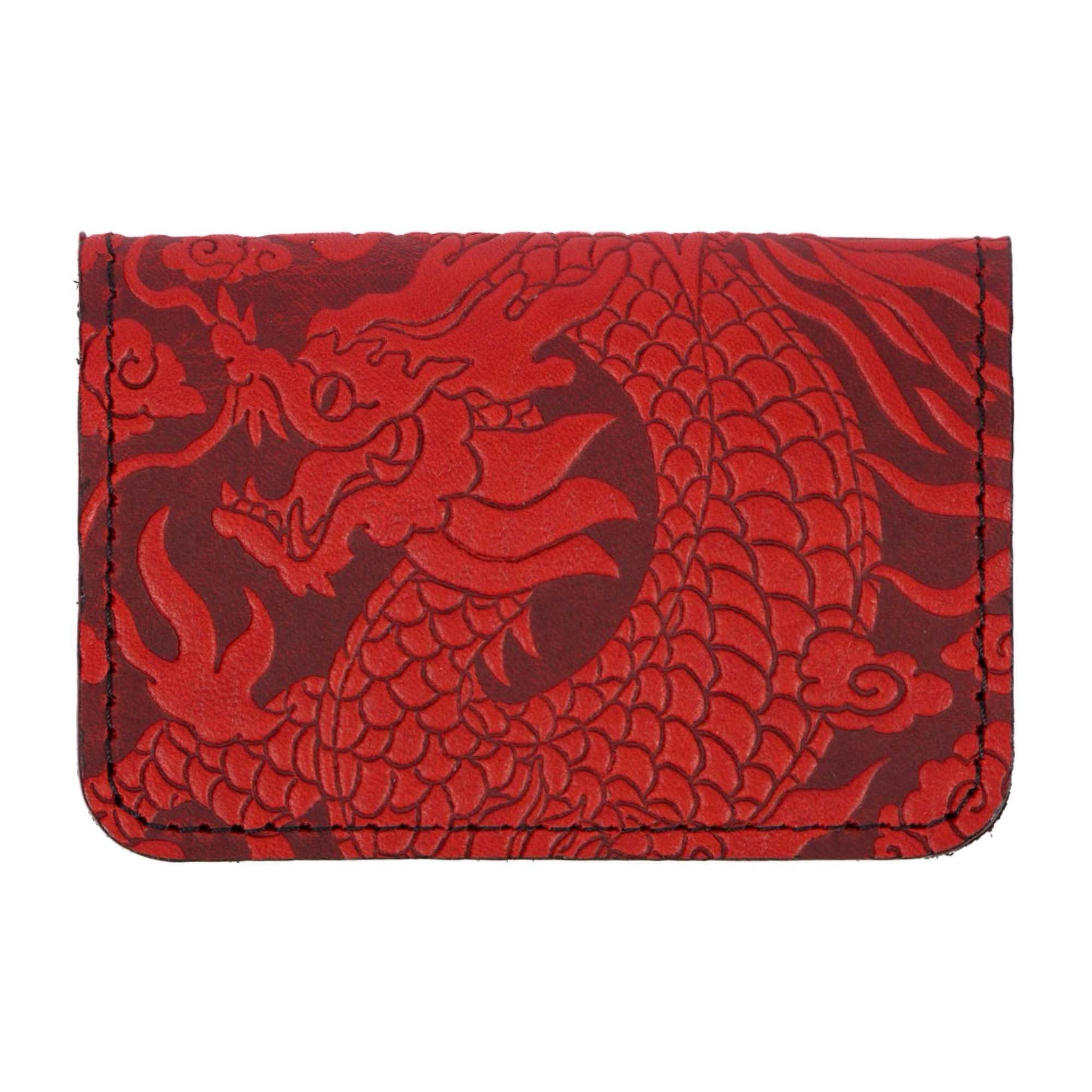 Leather Card Holder Mini Wallet, Cloud Dragon in Red