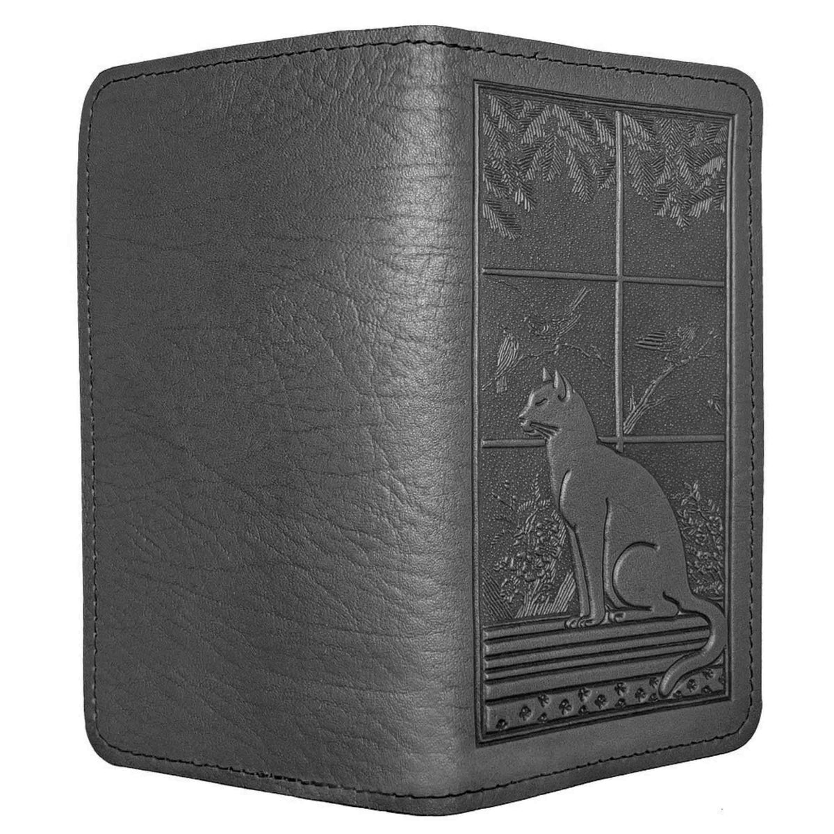 Oberon Design Leather Checkbook Cover, Cat in Window, Black-Open