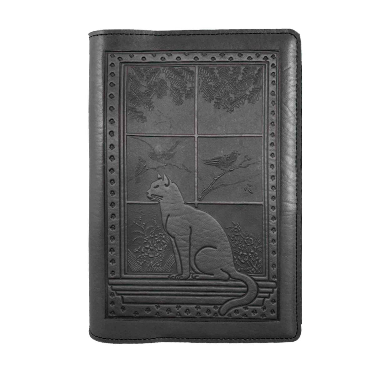 Oberon Design Leather Pocket Notebook Cover, Cat in Window, Black