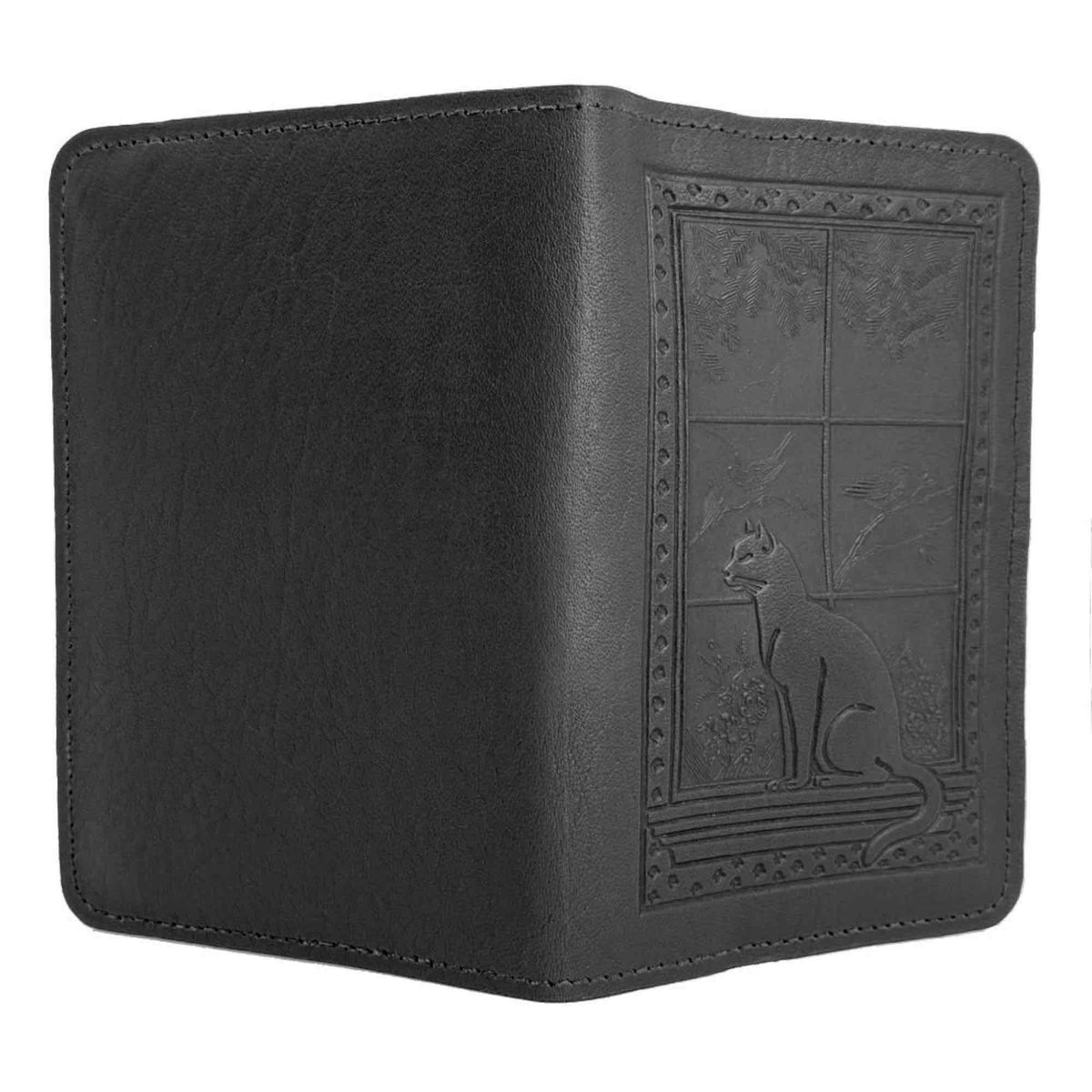 Oberon Design Leather Pocket Notebook Cover, Cat in Window, Black - Open