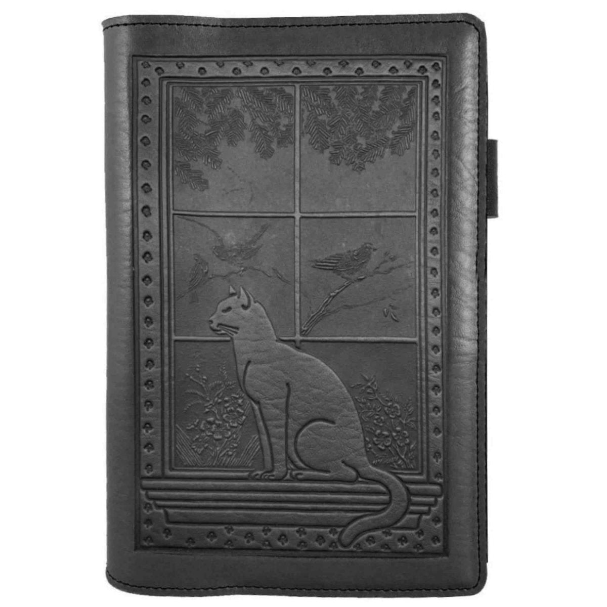 Leather Portfolio with Notepad, Pockets and Pen Holder, Cat in Window in Black