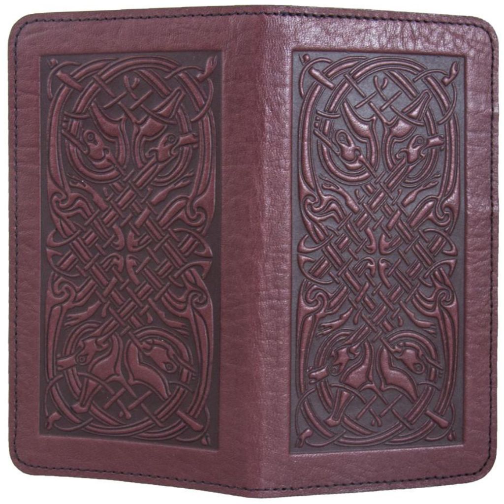 Leather Checkbook Cover, Celtic Hounds in Wine