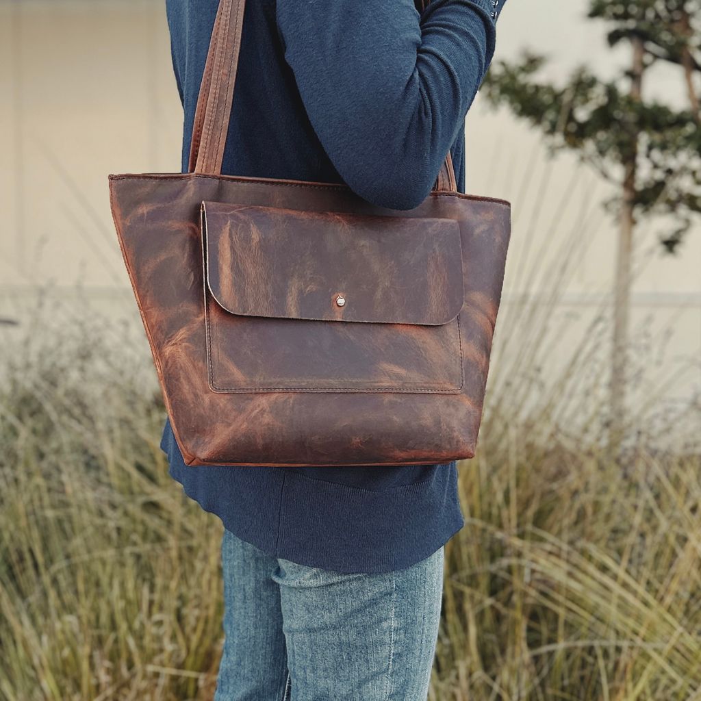 Classic Leather Tote, Hard Times with model in blue