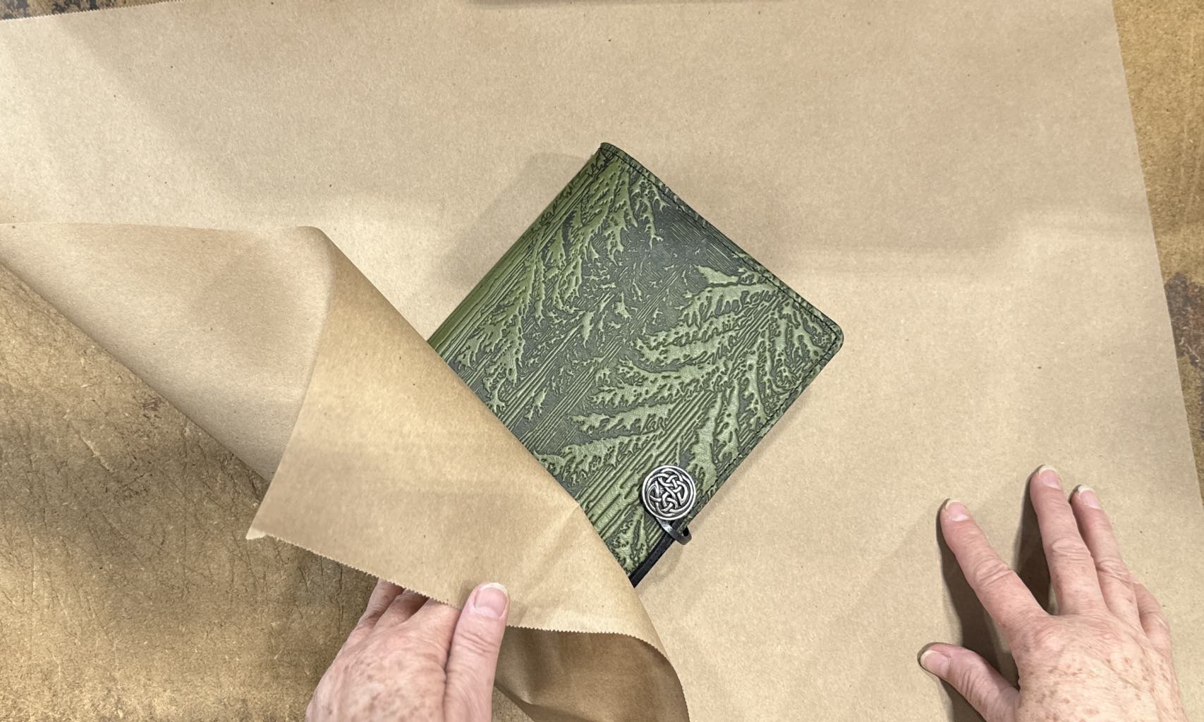 Leather Journal, forest in fern, gift wrapped