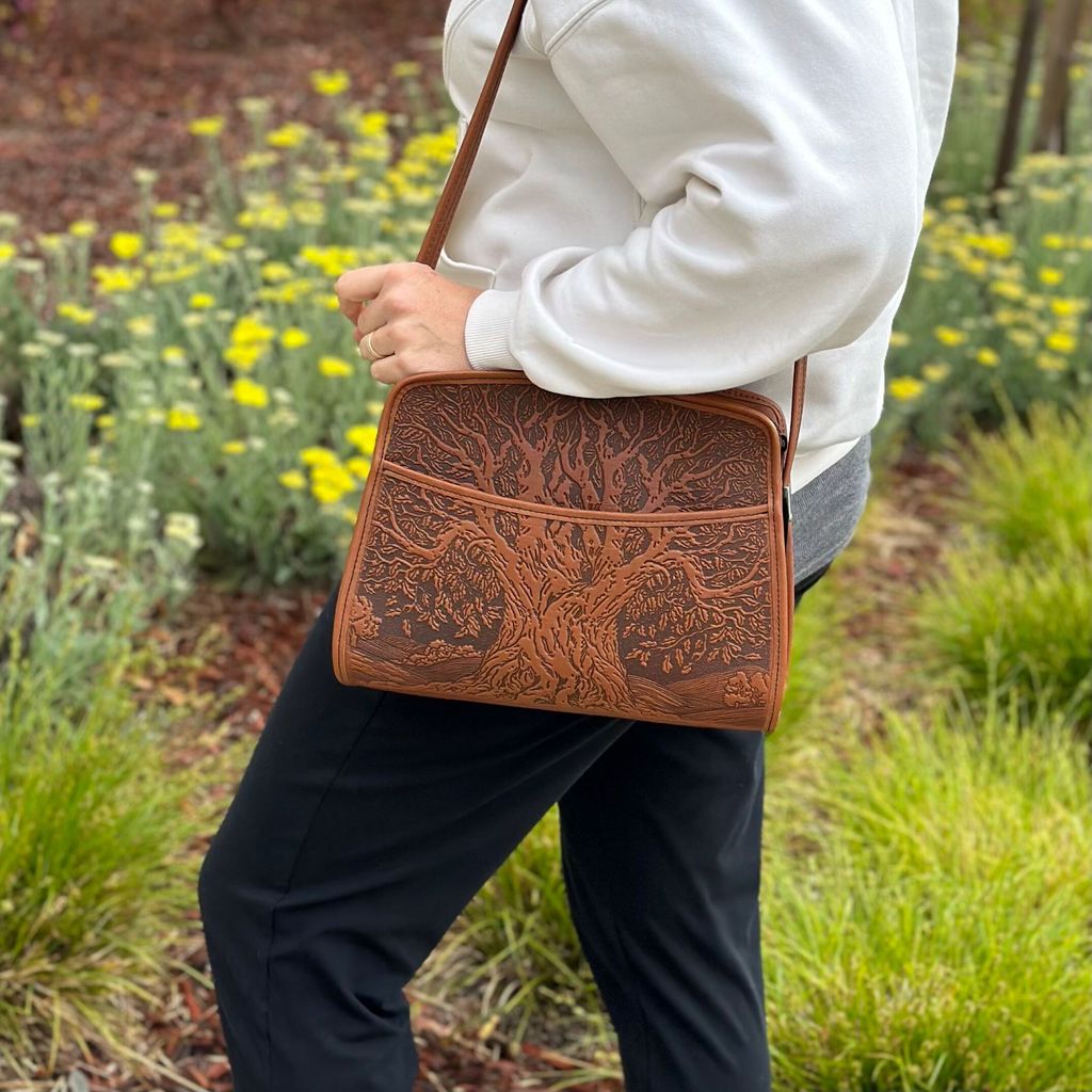 Oberon Design Leather Handbag, Tree of Life Retro Crossbody, Saddle, Modeled