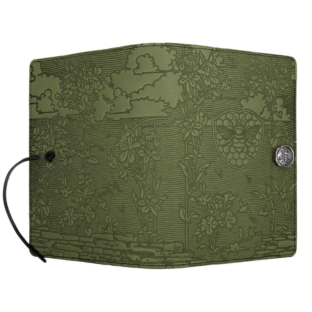 Oberon Design Leather Refillable Journal Cover, Bee Garden, Fern - open