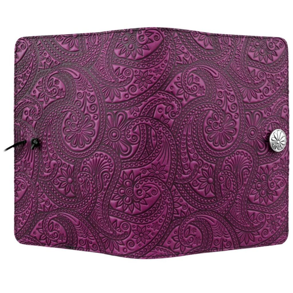 Leather Journal Cover, Paisley in Orchid by Oberon Design, open view