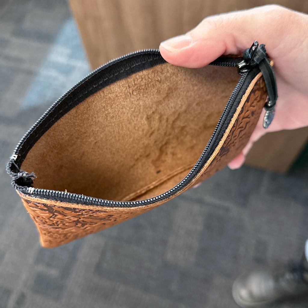 Leather 6 inch Zipper Pouch, Wallet, Coin Purse, Oak Leaves, Saddle Interior