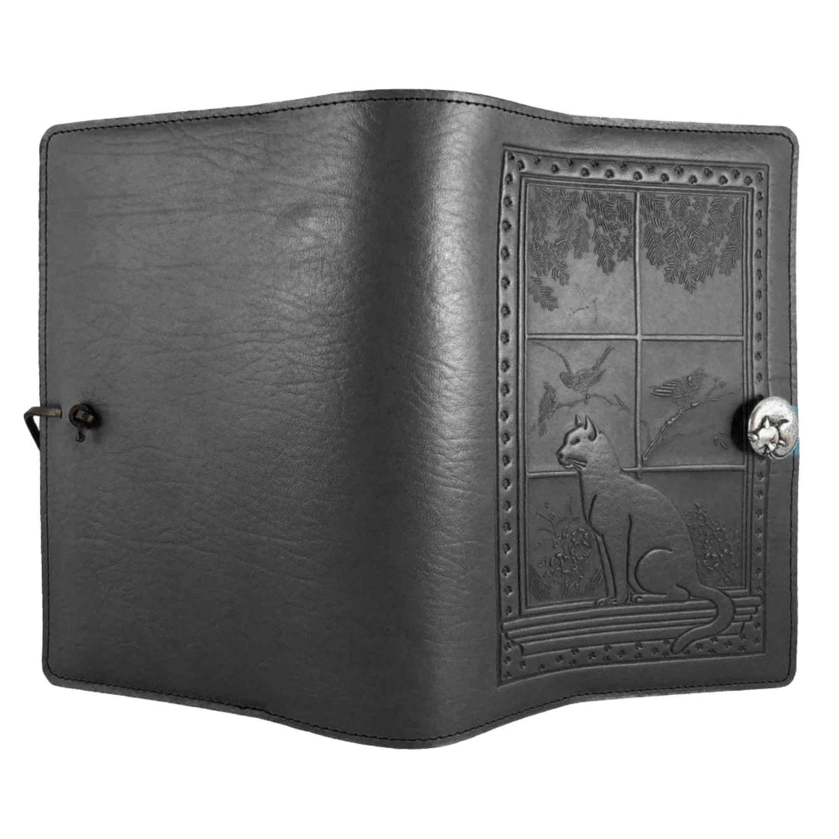 Oberon Design Leather Refillable Journal Cover, Cat in Window, Black - Open