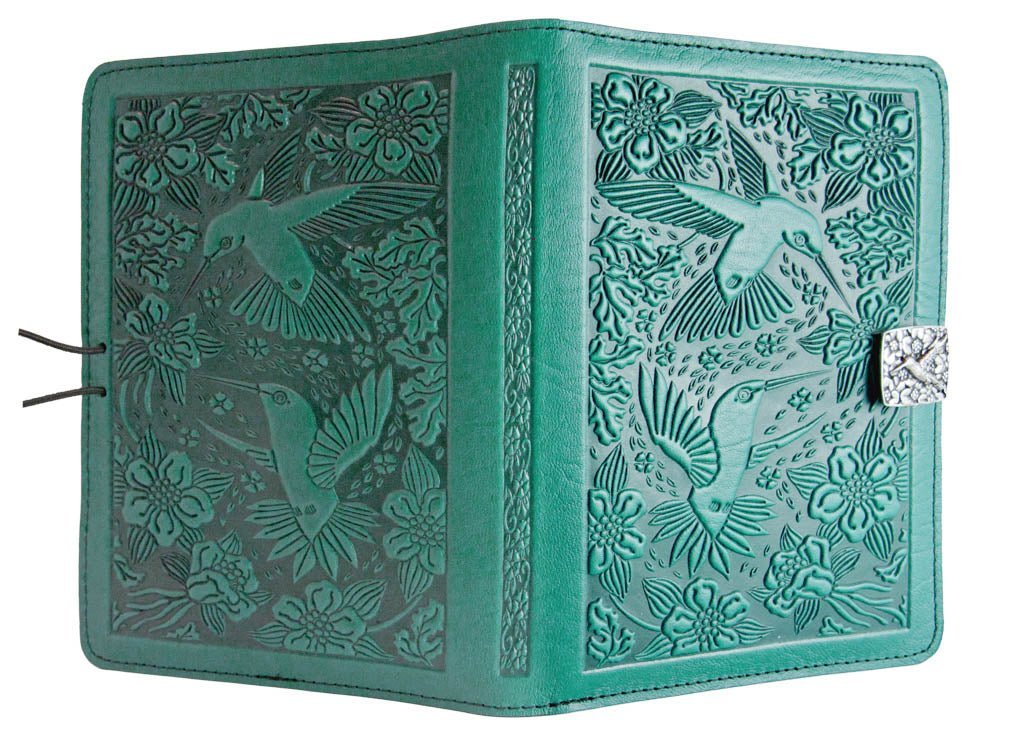 Genuine leather cover, case for Kindle e-Readers, Hummingbirds, Teal - Open