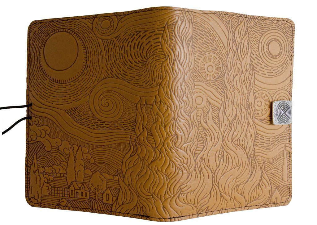 Genuine leather cover, case for Kindle e-Readers, Van Gogh Sky, Marigold - Open