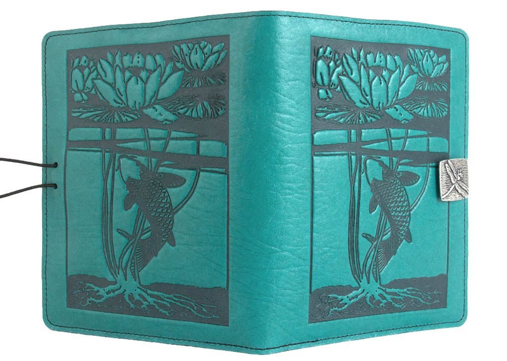 Genuine leather cover, case for Kindle e-Readers, Water Lily Koi, Teal