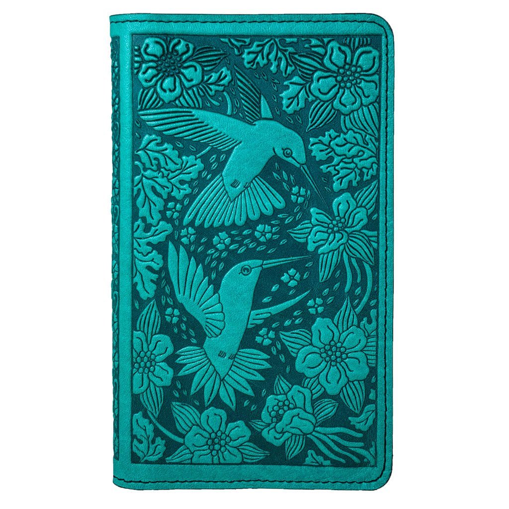 Oberon Design Large Leather Smartphone Wallet, Hummingbirds, Teal