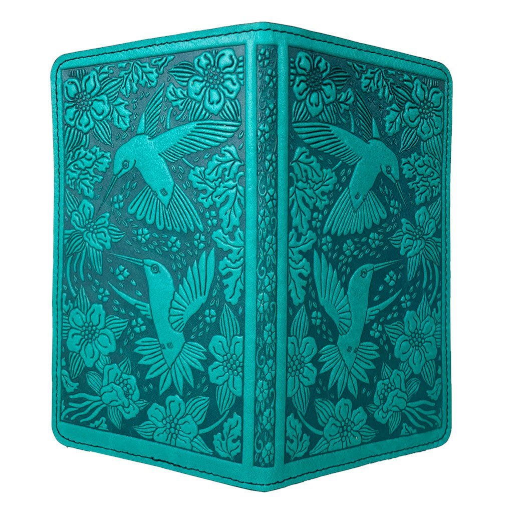 Oberon Design Large Leather Smartphone Wallet, Hummingbirds, Teal - Open