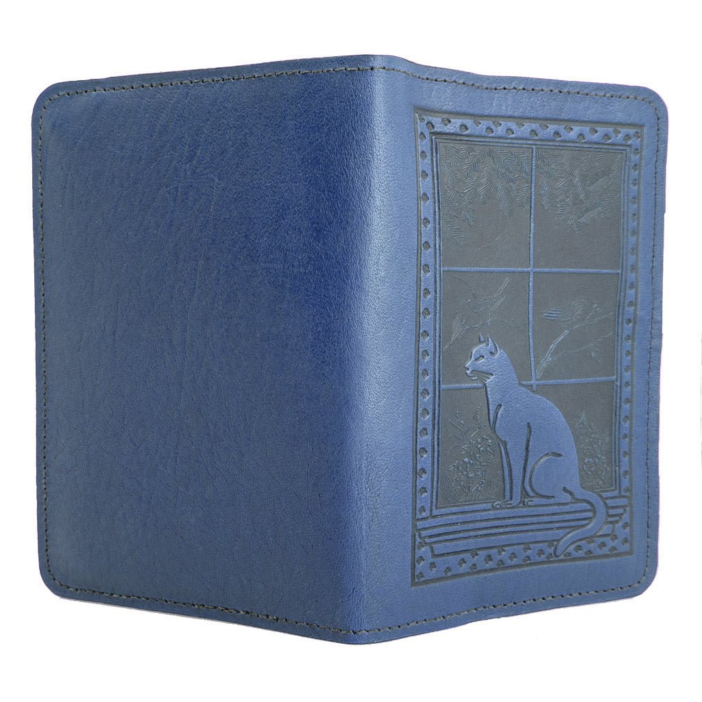 Oberon Design Leather Pocket Notebook Cover, Cat in Window, Blue