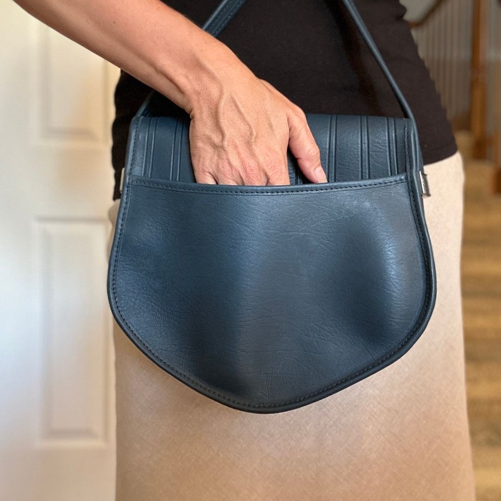 Olivia Crossbody, Navy Modeled Image With Back Pocket