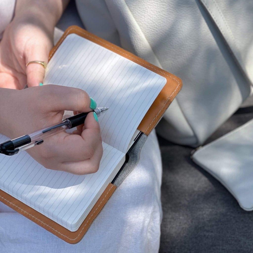 Pocket notebook cover, Pacific Leather in Fog, teal fingernails