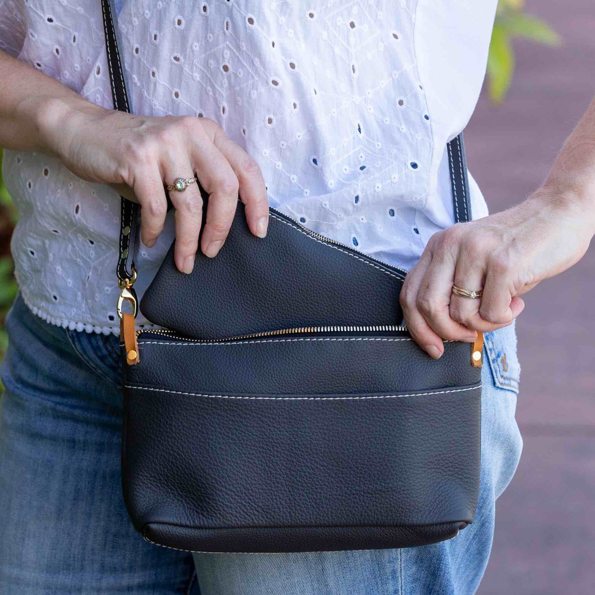 Oberon Design Paula with Pacific Leather in Charcoal Lifestyle with Matching Zipper Pouch