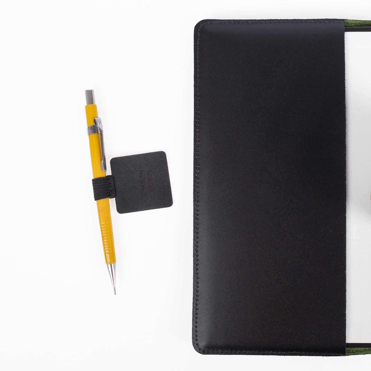 Leather and elastic Self-adhesive Pen Loop with pencil and journal, by Oberon Design