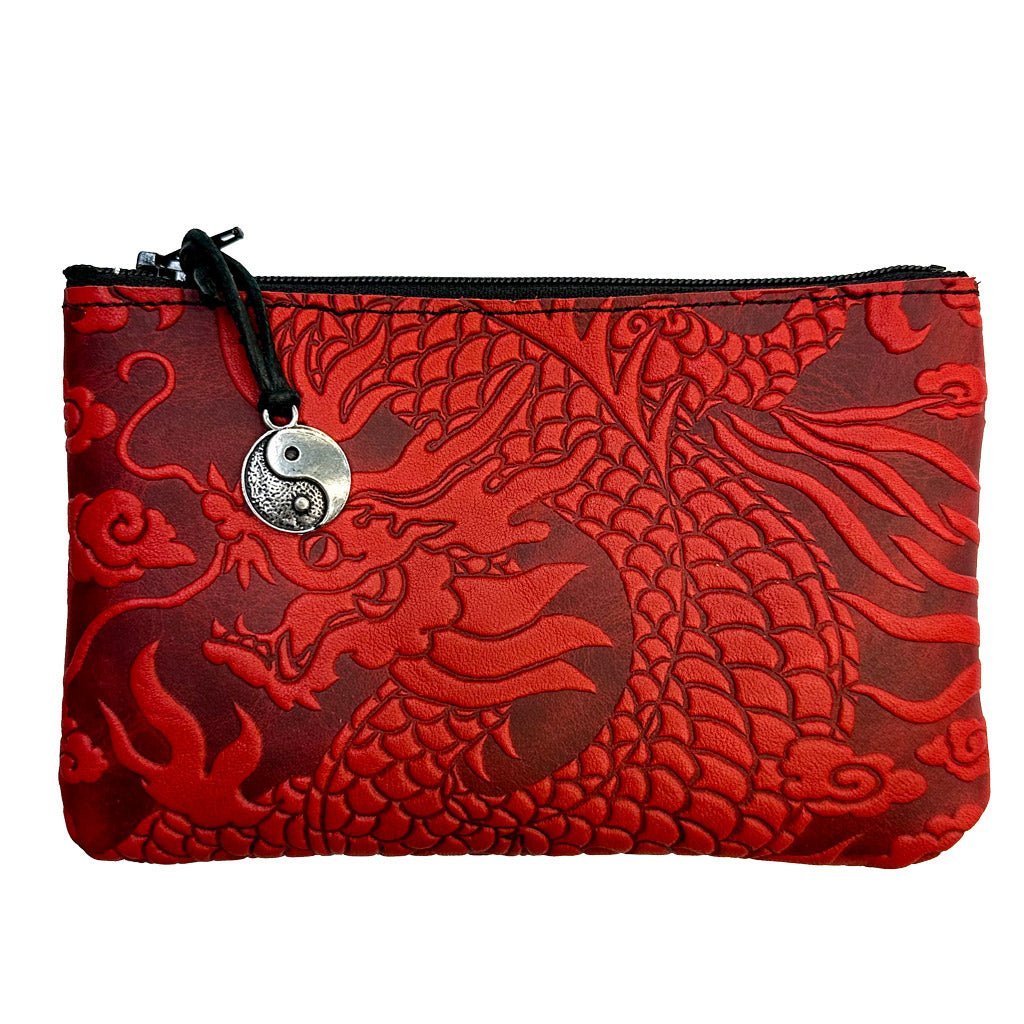 Leather 6 inch Zipper Pouch, Wallet, Coin Purse, Cloud Dragon, Red