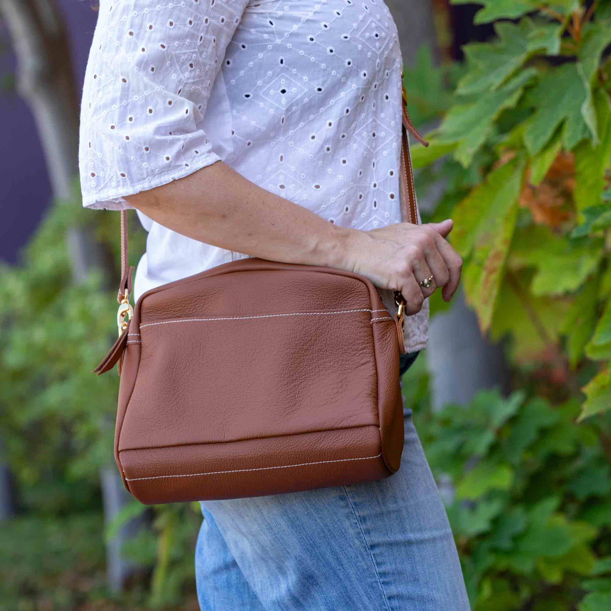 Oberon Design Retro Crossbody with Pacific Leather in Brandy Side Profile Lifestyle