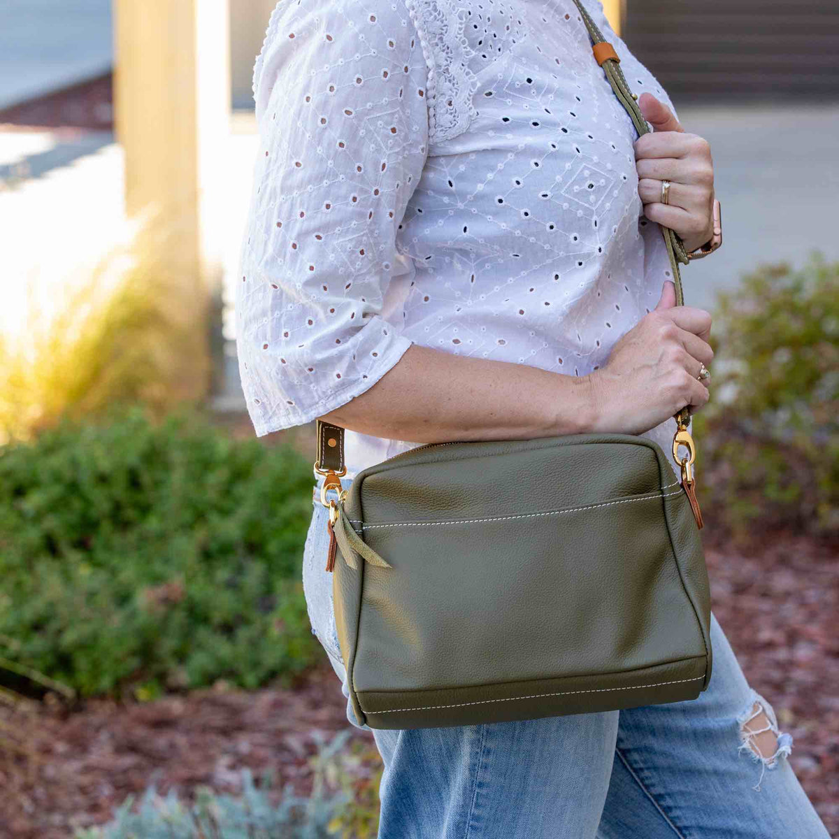 Oberon Design Retro Crossbody with Pacific Leather in Sage Side Profile Lifestyle