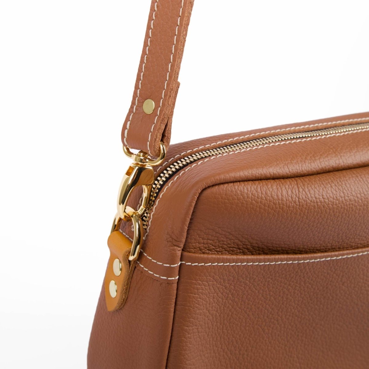 Oberon Design Retro Crossbody with Pacific Leather in Brandy detail shot