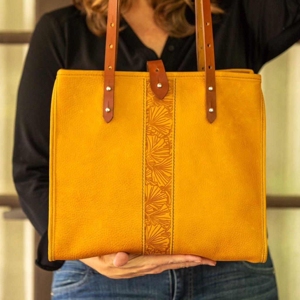 Leather Tote, Sonoma, Adventure, Ginkgo in Amber front view in hand