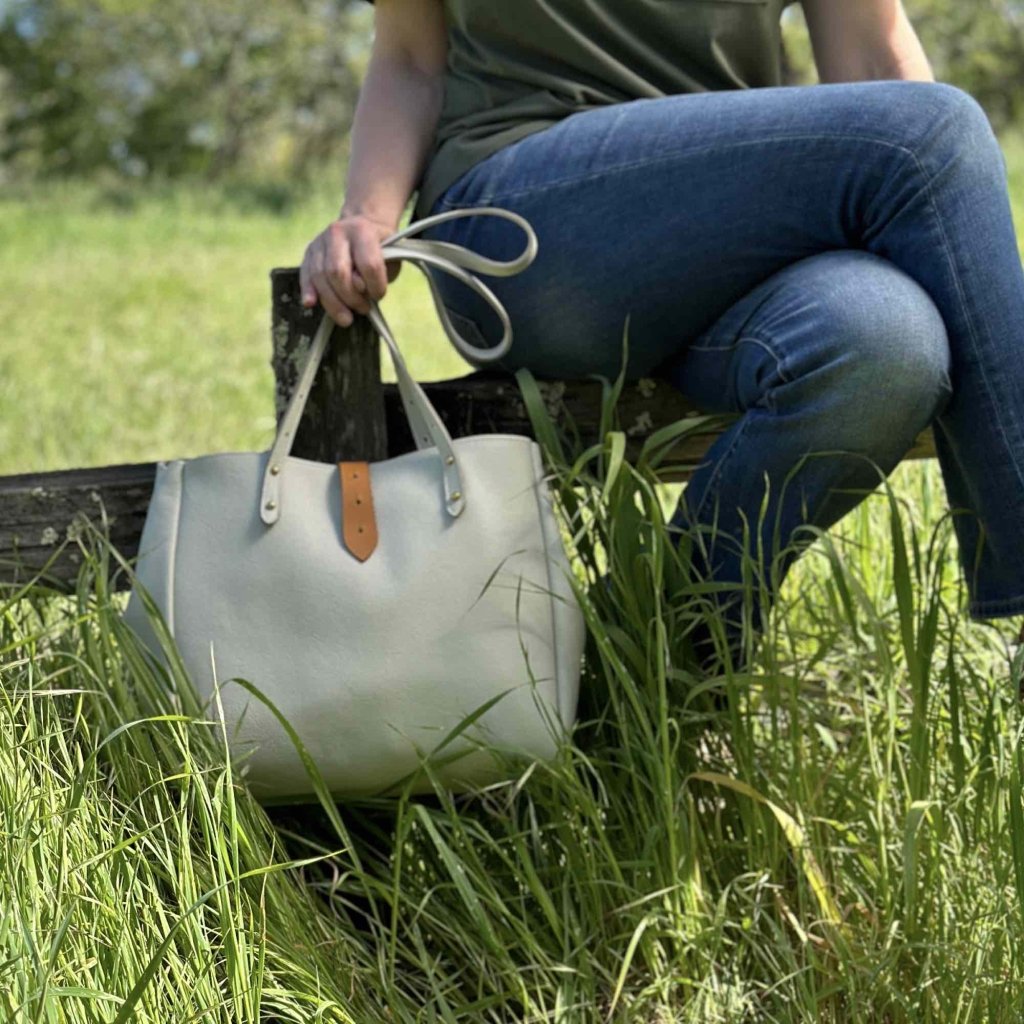 Oberon Design Sonoma Tote with Pacific Leather in Fog, green meadow