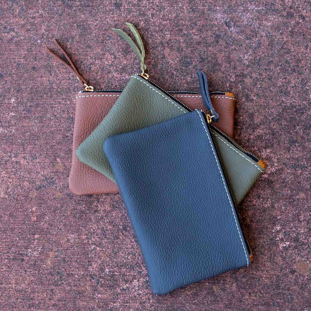 Oberon Design Zipper Pouch with Pacific Leather Trio in Brandy, Sage, and Charcoal