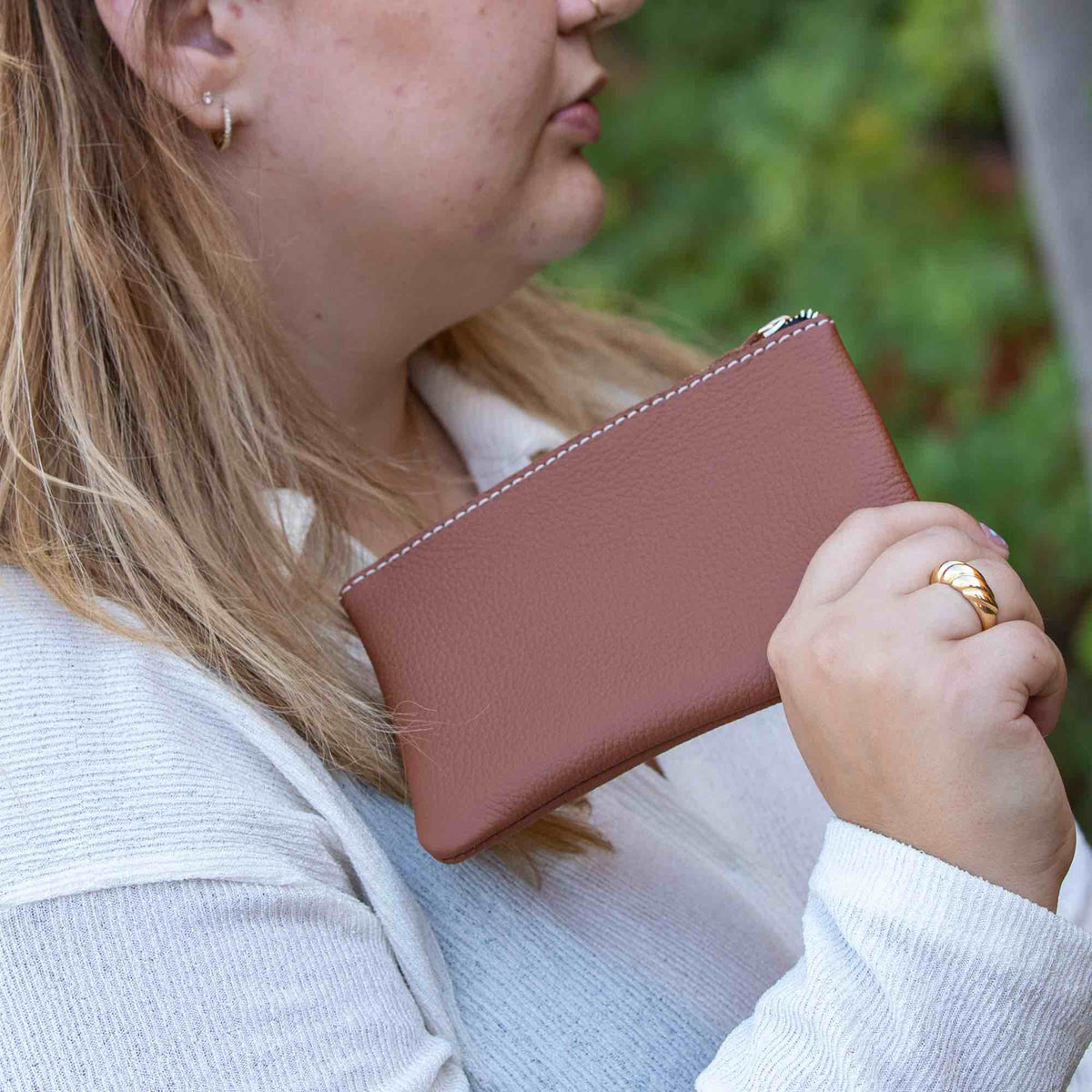 Oberon Design Zipper Pouch with Pacific Leather in Brandy Casual Holding