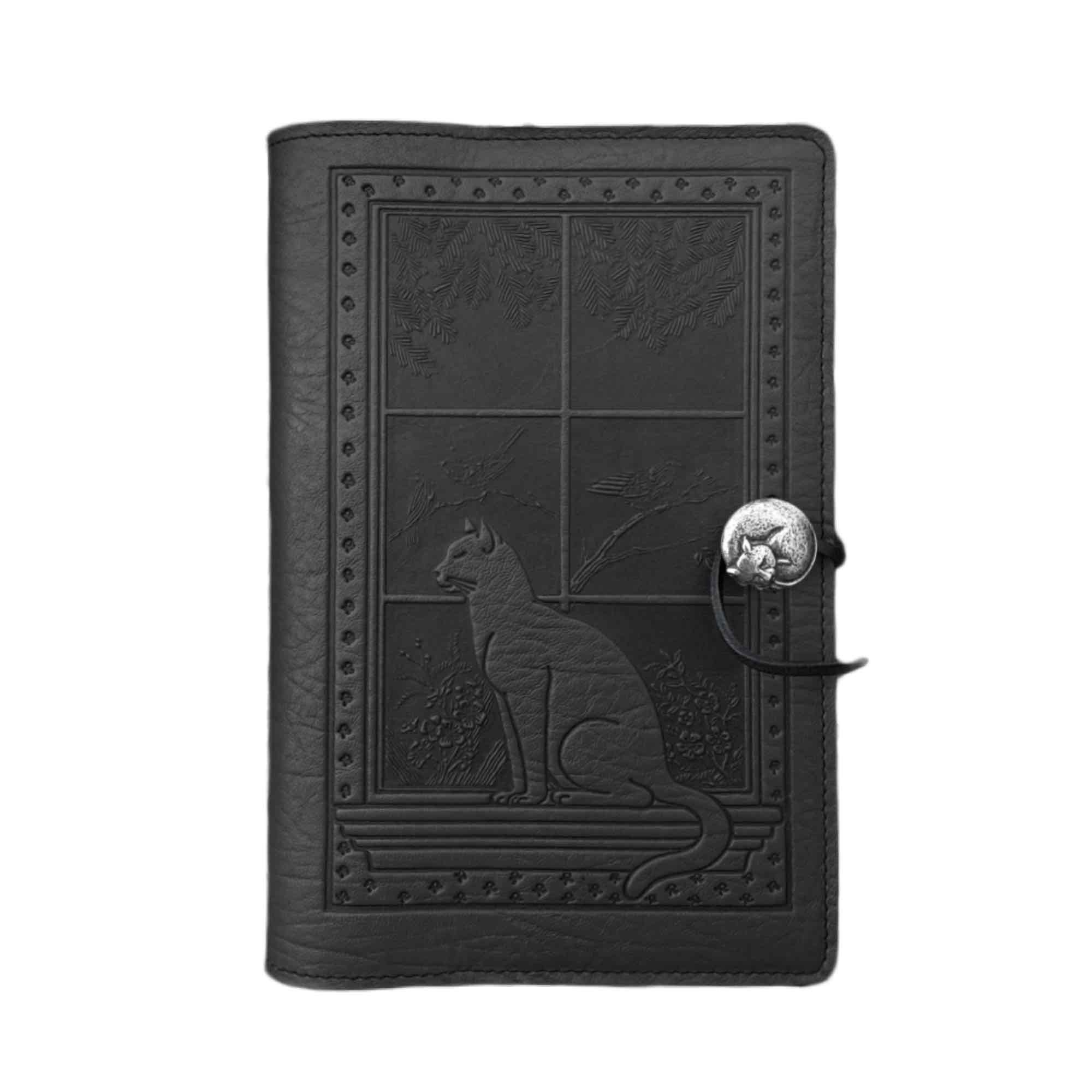 Oberon Design Leather Refillable Journal Cover, Cat in Window, Black