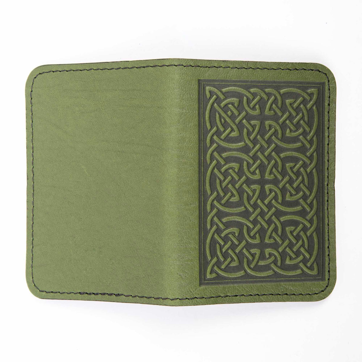 Leather Card Holder, Mini Wallet, Bold Celtic in Fern, open view