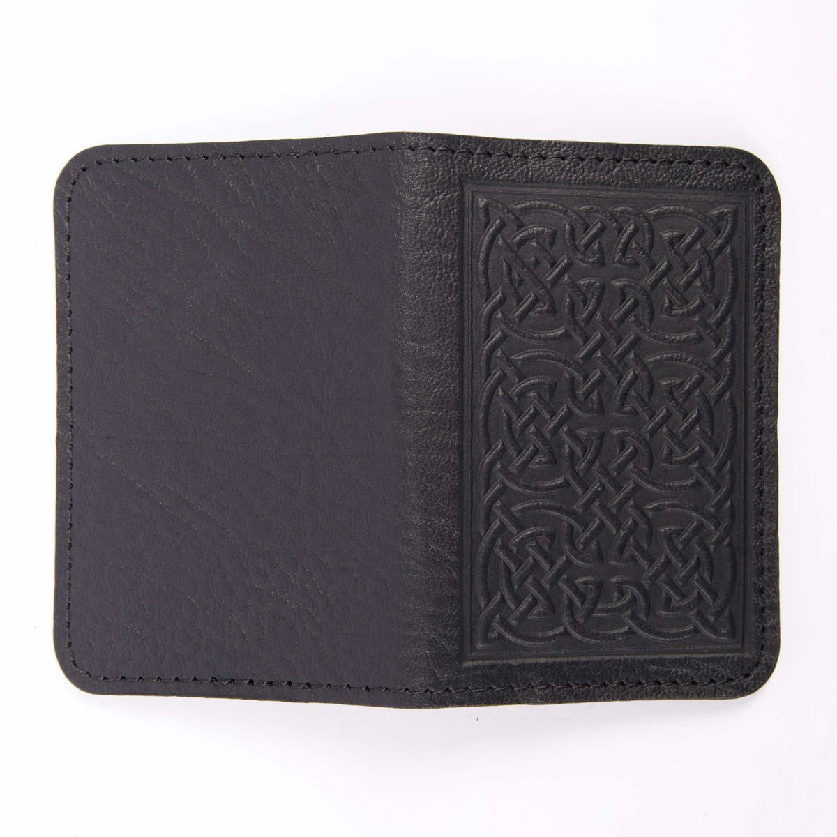 Leather Card Holder, Mini Wallet, Bold Celtic in Black, open view