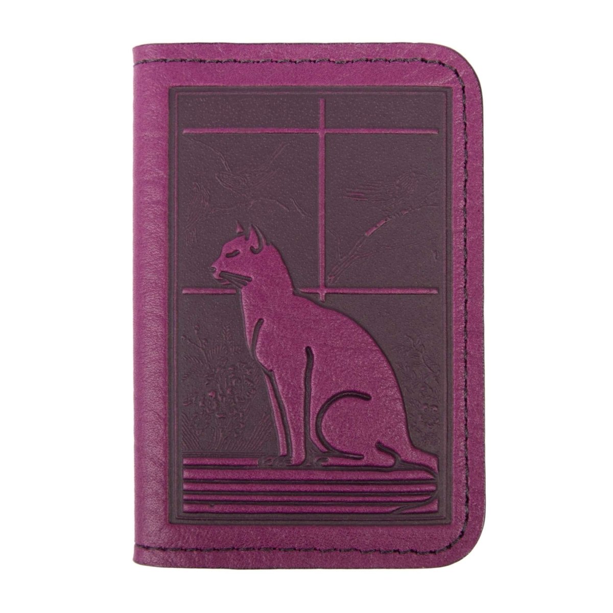 Leather Card Holder Mini Wallet, Cat in Window, Orchid