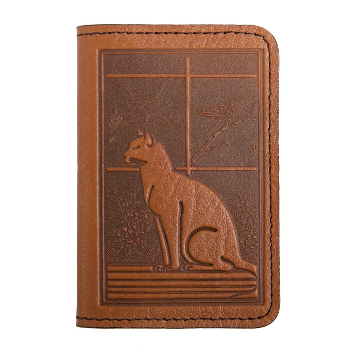 Leather Card Holder Mini Wallet, Cat in Window, Saddle