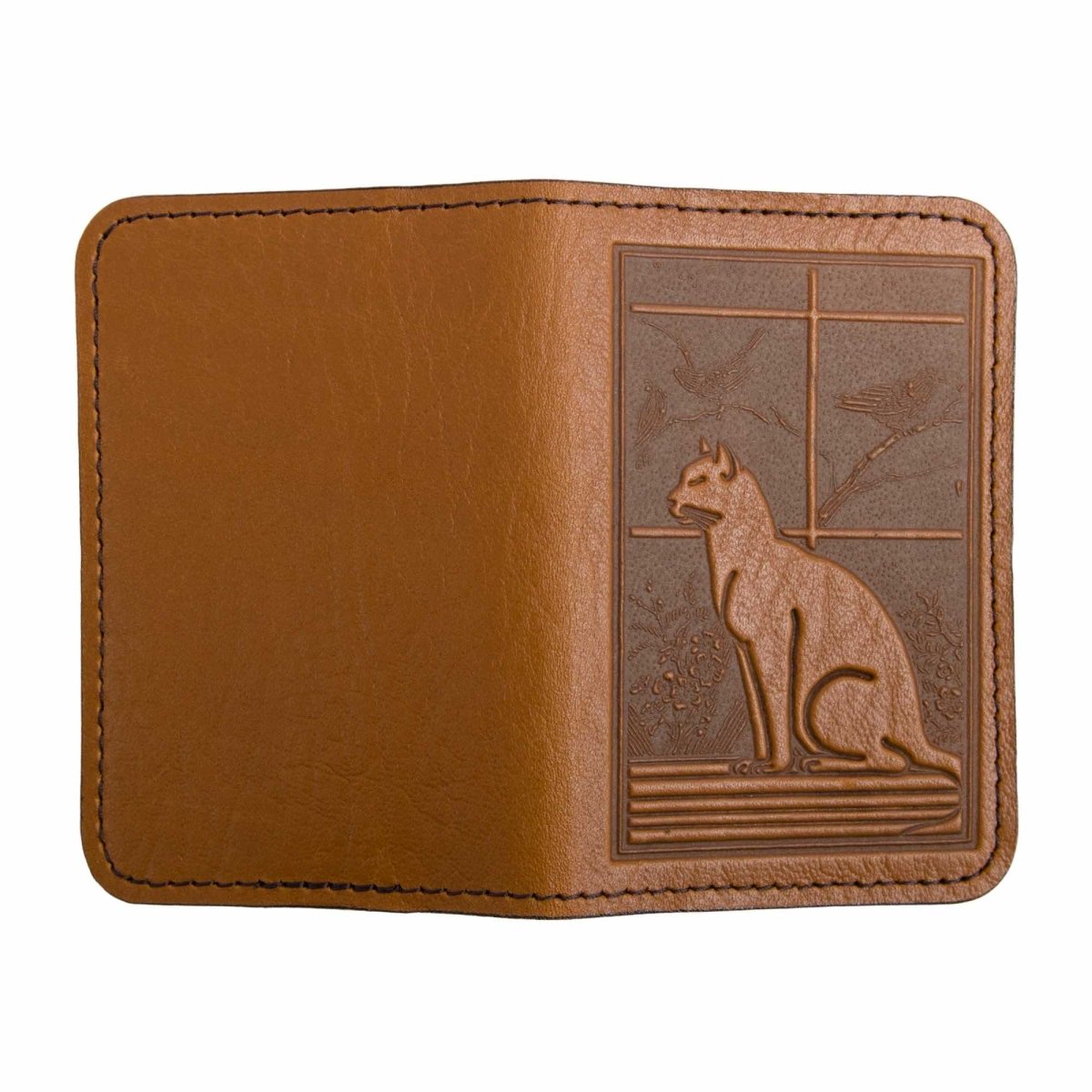 Leather Card Holder Mini Wallet, Cat in Window in Saddle open view