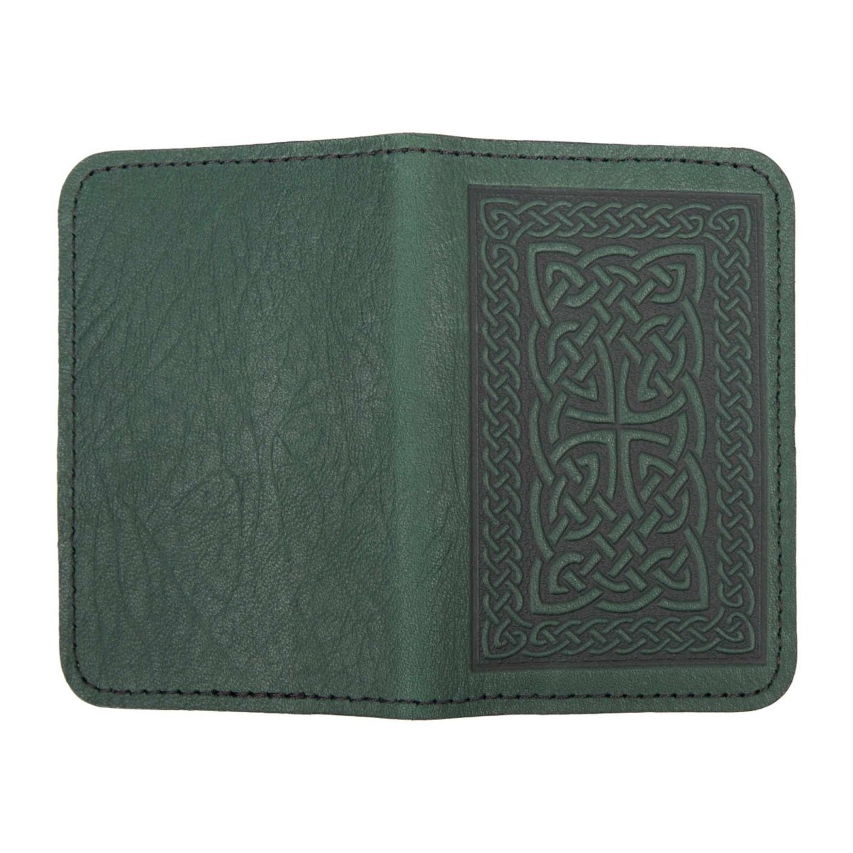 Leather Card Holder Mini Wallet, Celtic Braid in Green, open view