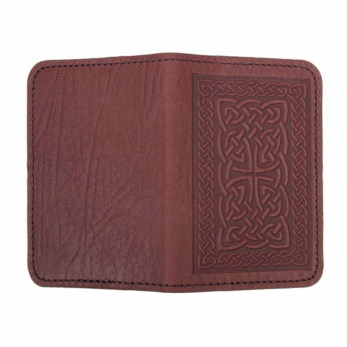 Leather Card Holder Mini Wallet, Celtic Braid in Wine, open view