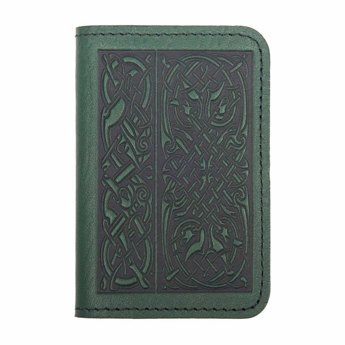 Leather Card Holder, Mini Wallet, Celtic Hounds in Green