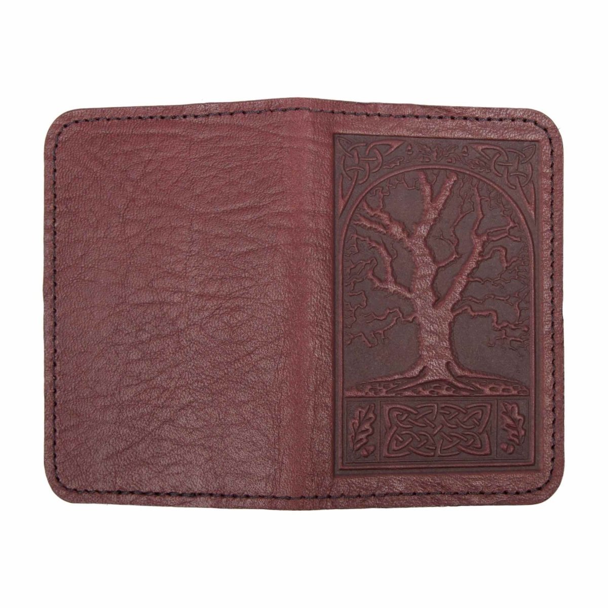 Leather Card Holder Mini Wallet, Celtic Oak in Wine, open view