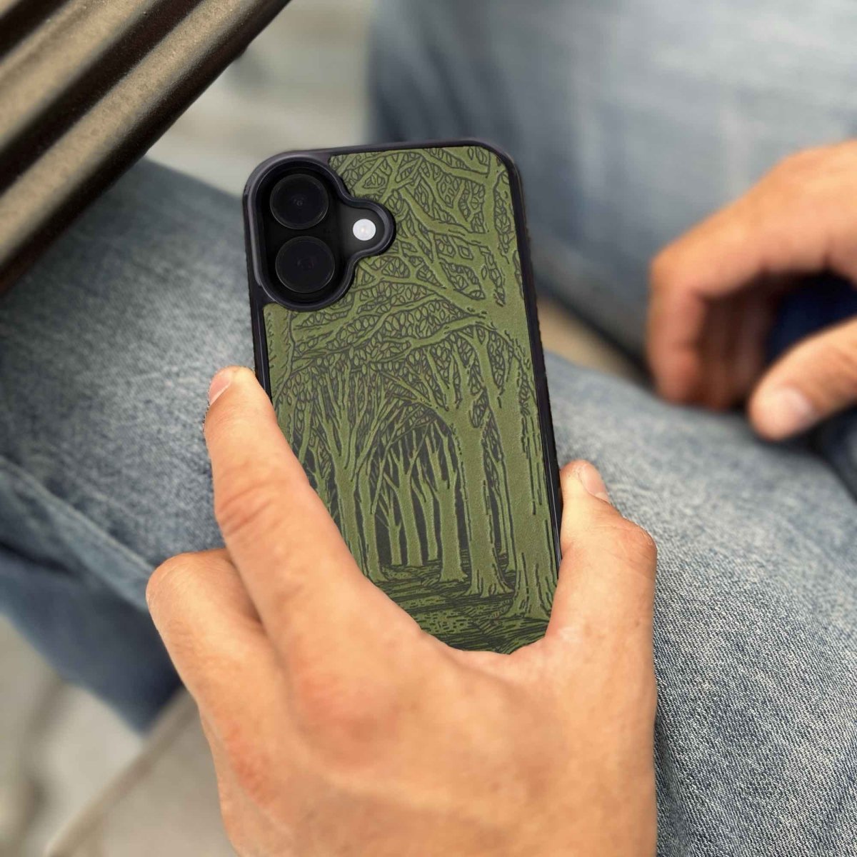 Oberon Design Leather iPhone Case, Hand-Crafted, Avenue of Trees, fern in hand