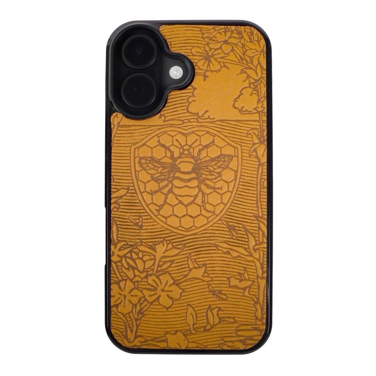 Leather iPhone case, bee garden in marigold