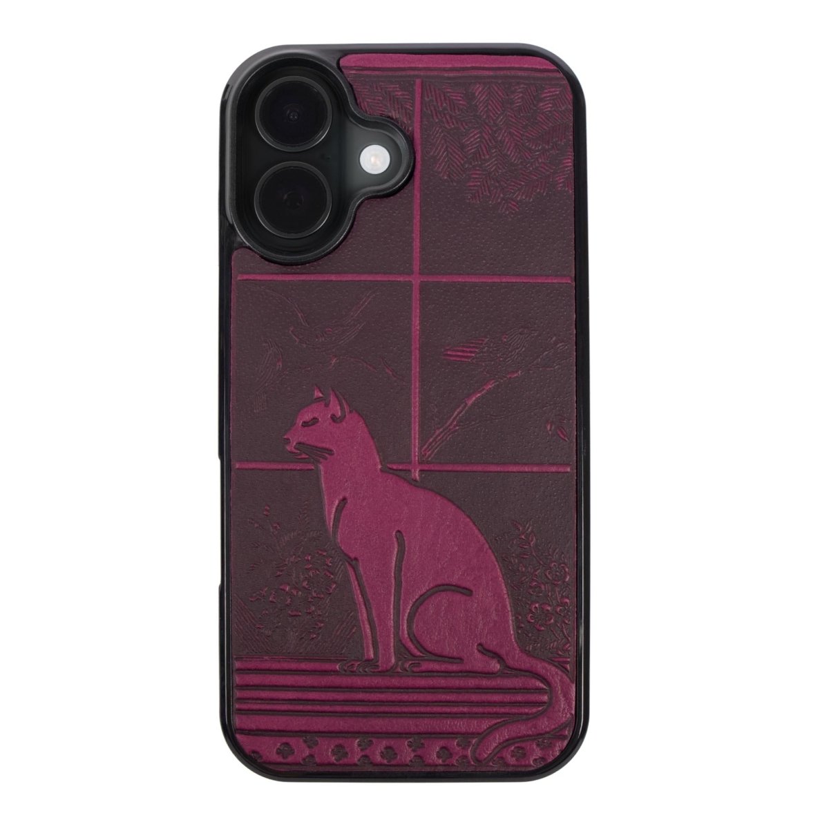 leather iPhone case, cat in window in orchid