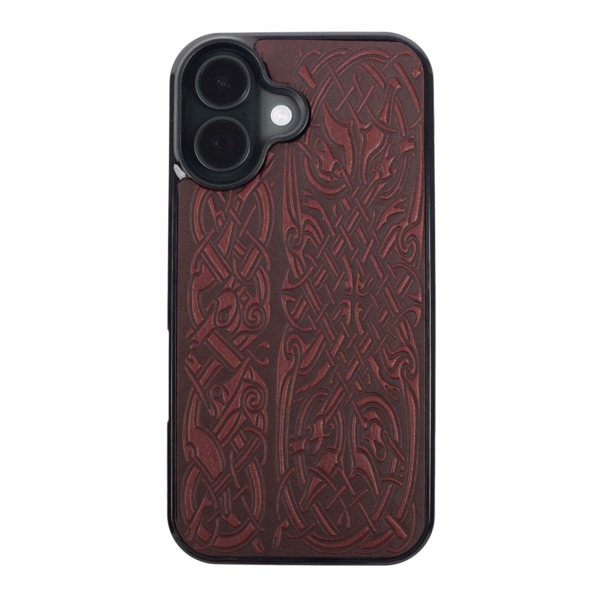 Leather iPhone case, celtic hounds in wine