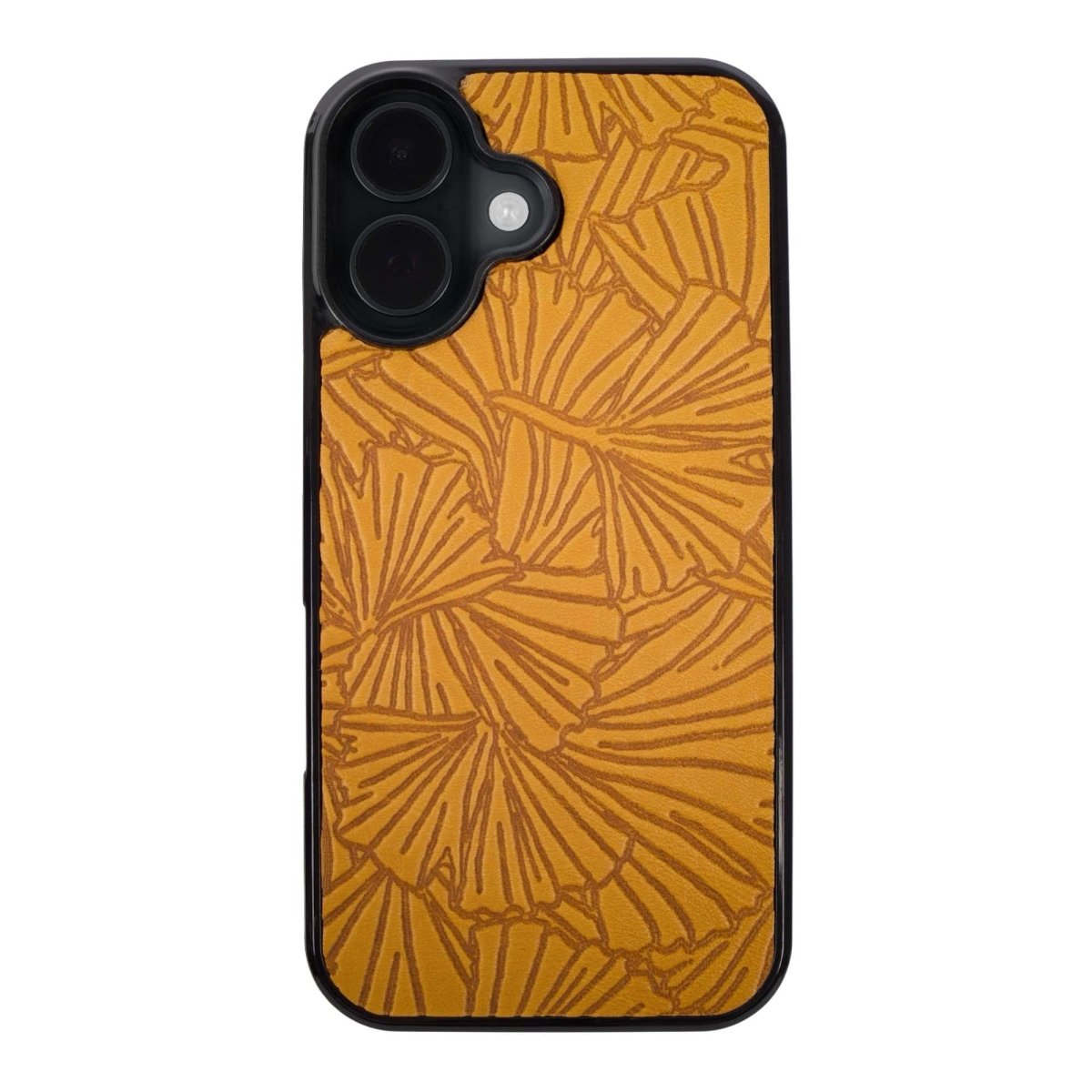 Leather iPhone case, ginkgo in Marigold